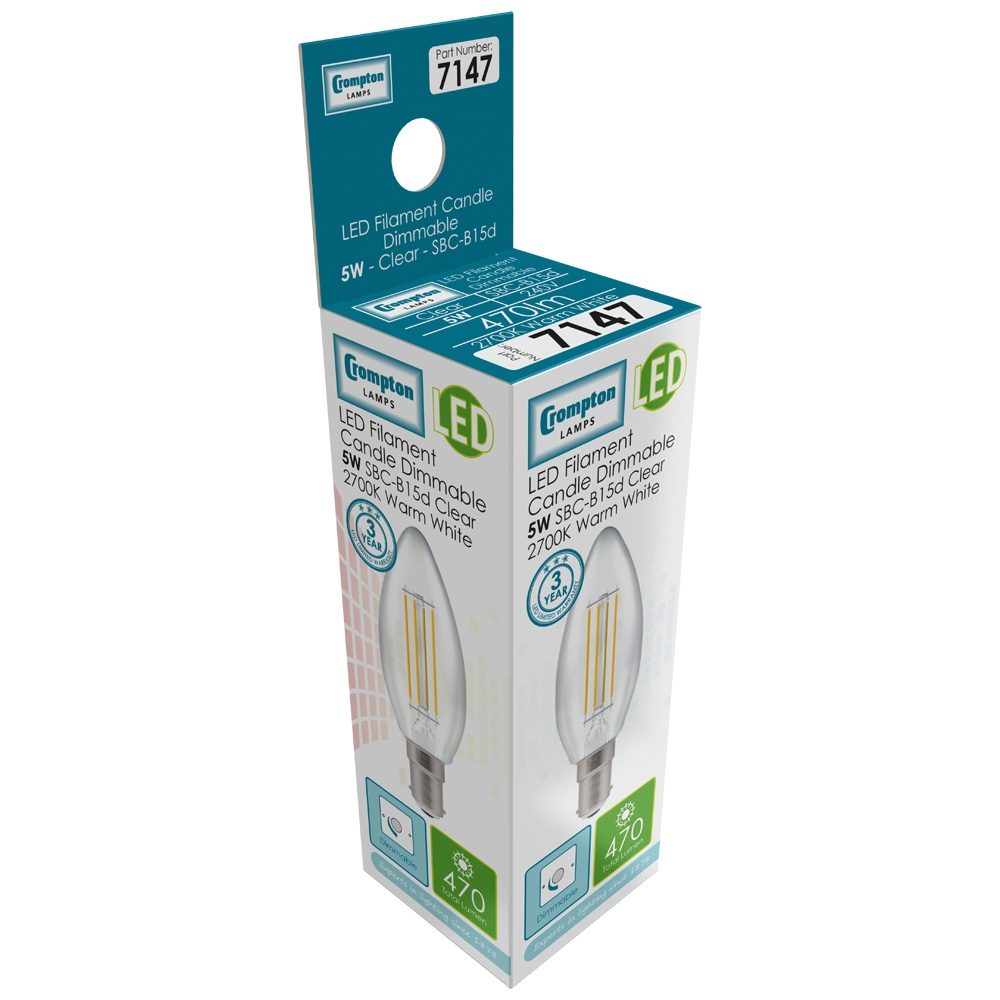 7147 - LED Candle Filament Clear 5W Dimmable 2700K SBC-B15d