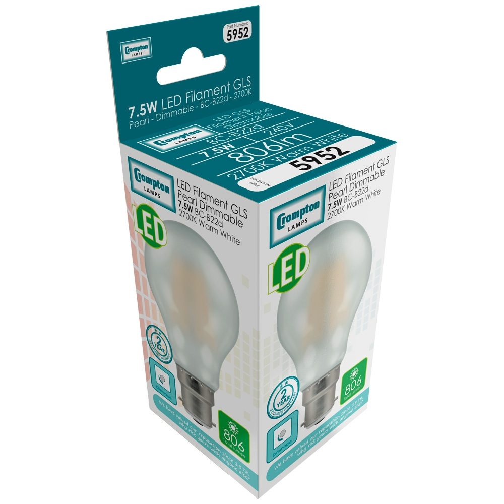5952 - LED GLS Filament Pearl 7.5W Dimmable 2700K BC