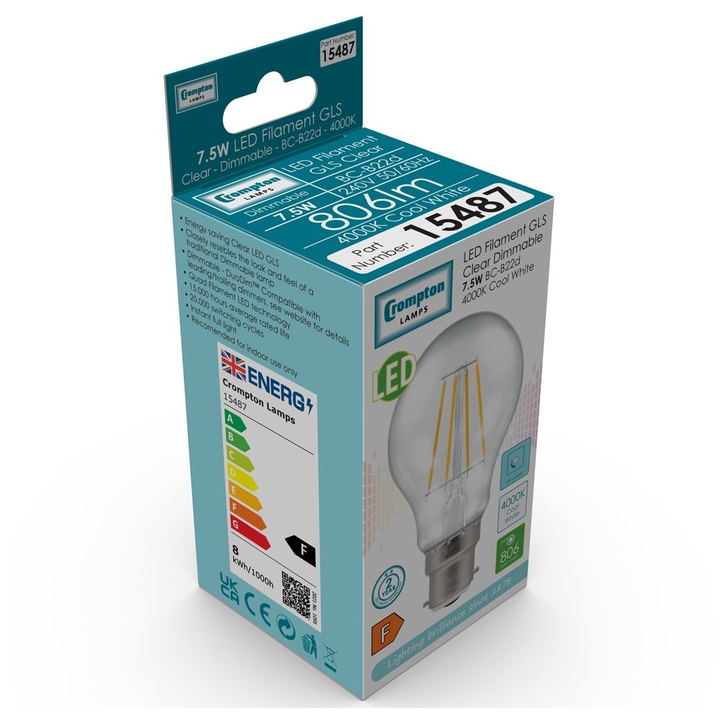15487-product-net - LED GLS Filament Clear • Dimmable • 7.5W • 4000K • BC-B22d