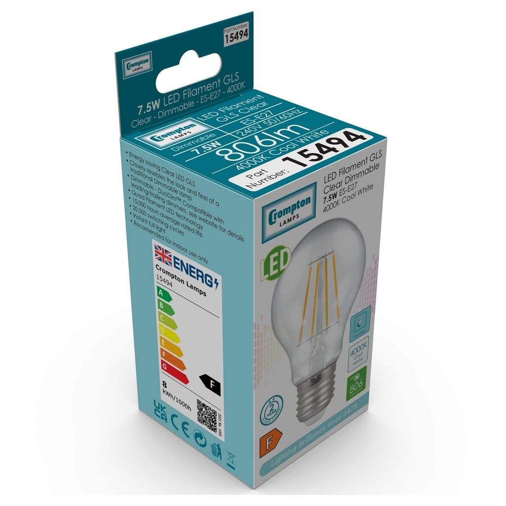 15494-product-net - LED GLS Filament Clear • Dimmable • 7.5W • 4000K • ES-E27