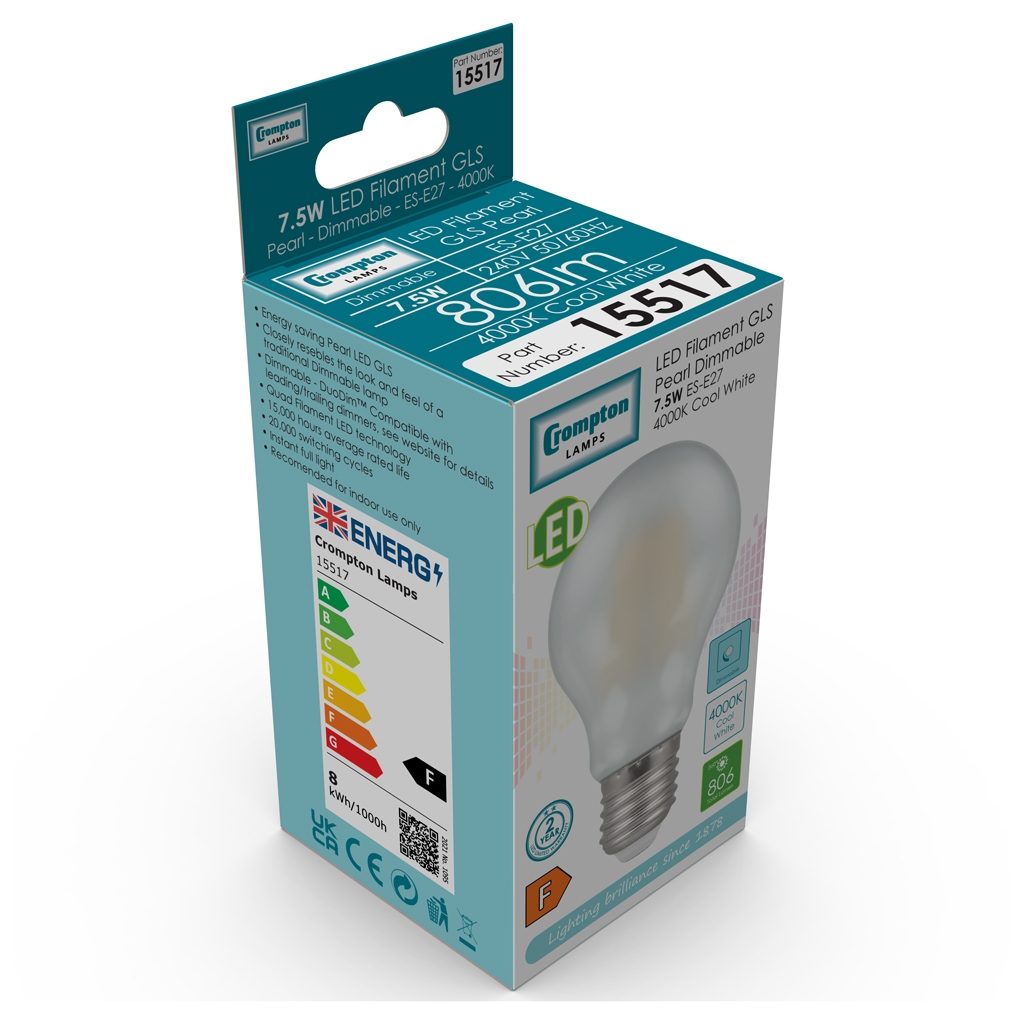 15517-product-net - LED GLS Filament Pearl • Dimmable • 7.5W • 4000K • ES-E27